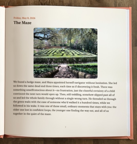 A Fledgling book page with a photo of a hedge maze and its story