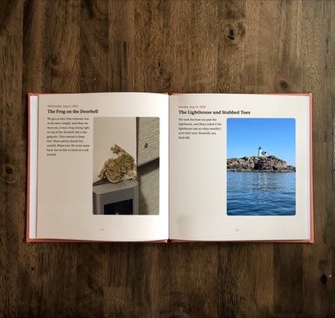 An open Fledgling book showing two story pages, each with a photo